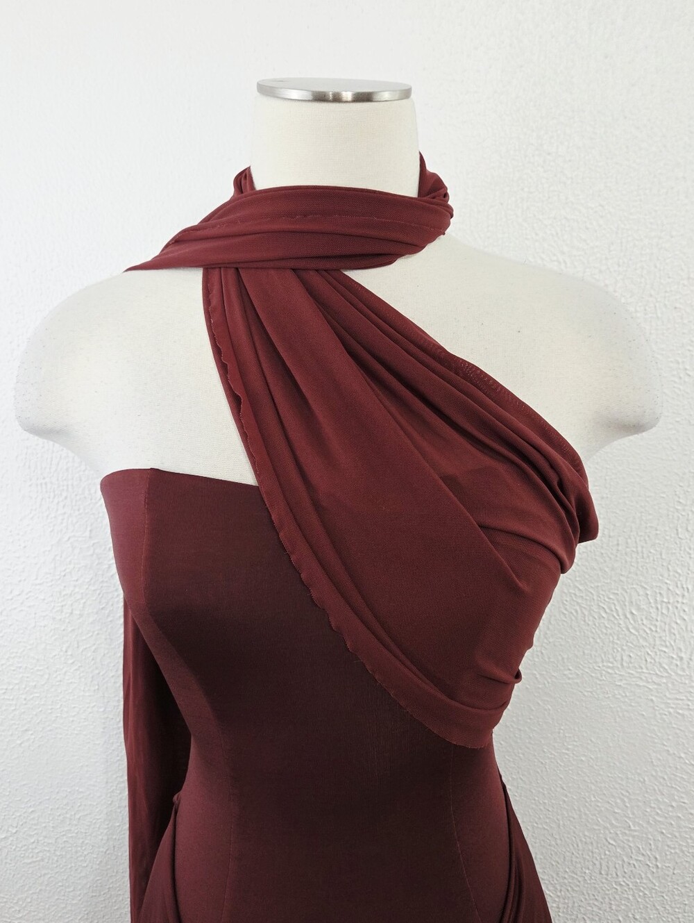 Meshki Mattea Slinky Mesh Maxi Dress With Scarf Burgundy red women's size small - Picture 6 of 10